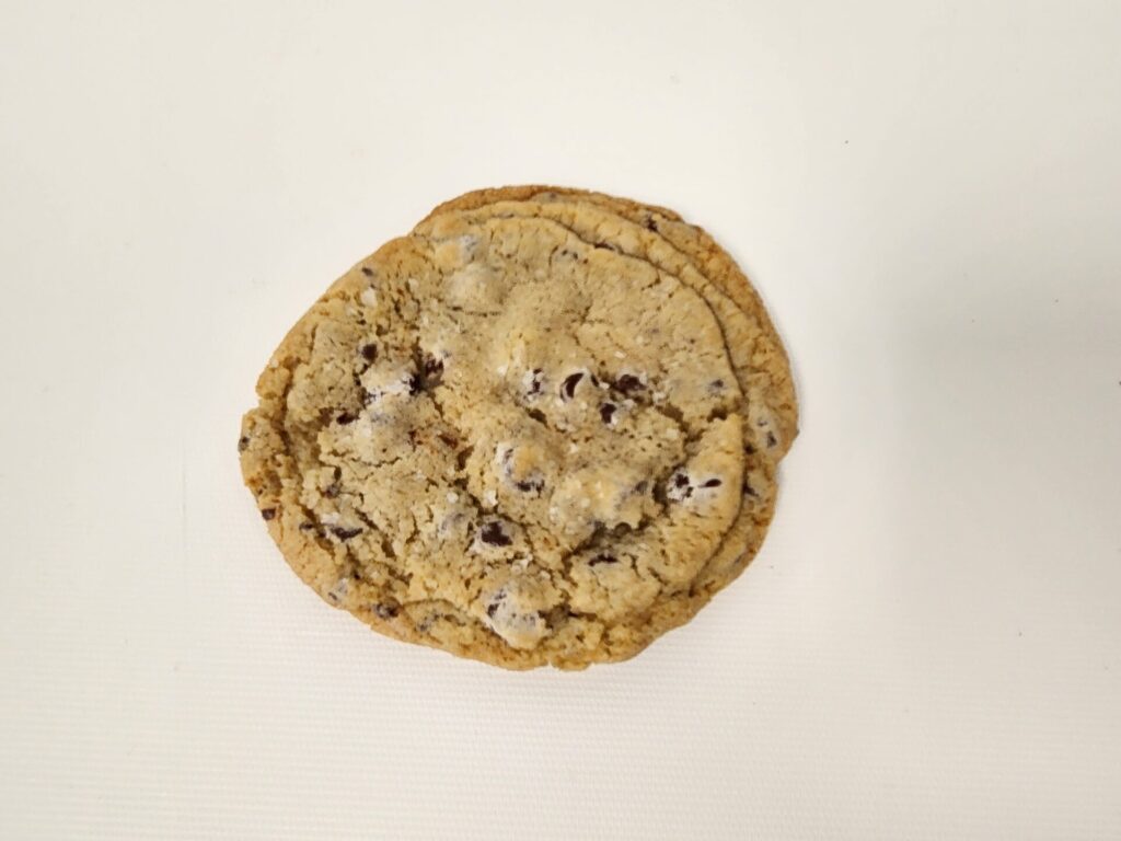 Gourmet Sea Salt Chocolate Chip Cookie with gooey chocolate chunks and a light sprinkle of flaky sea salt on a golden, chewy base.